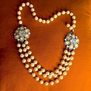 CARA NY Pearl Crystal upcycled 3 tier necklace Costume jewelry